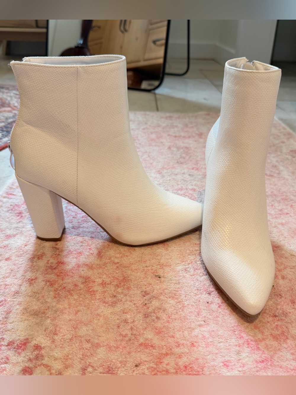 Pointed Toe White Ankle Booties with Block Heel